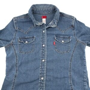 Levi's Western Indigo Shirt Kids XL 16 Blue Denim Pearl Snap Long Sleeve Cowgirl